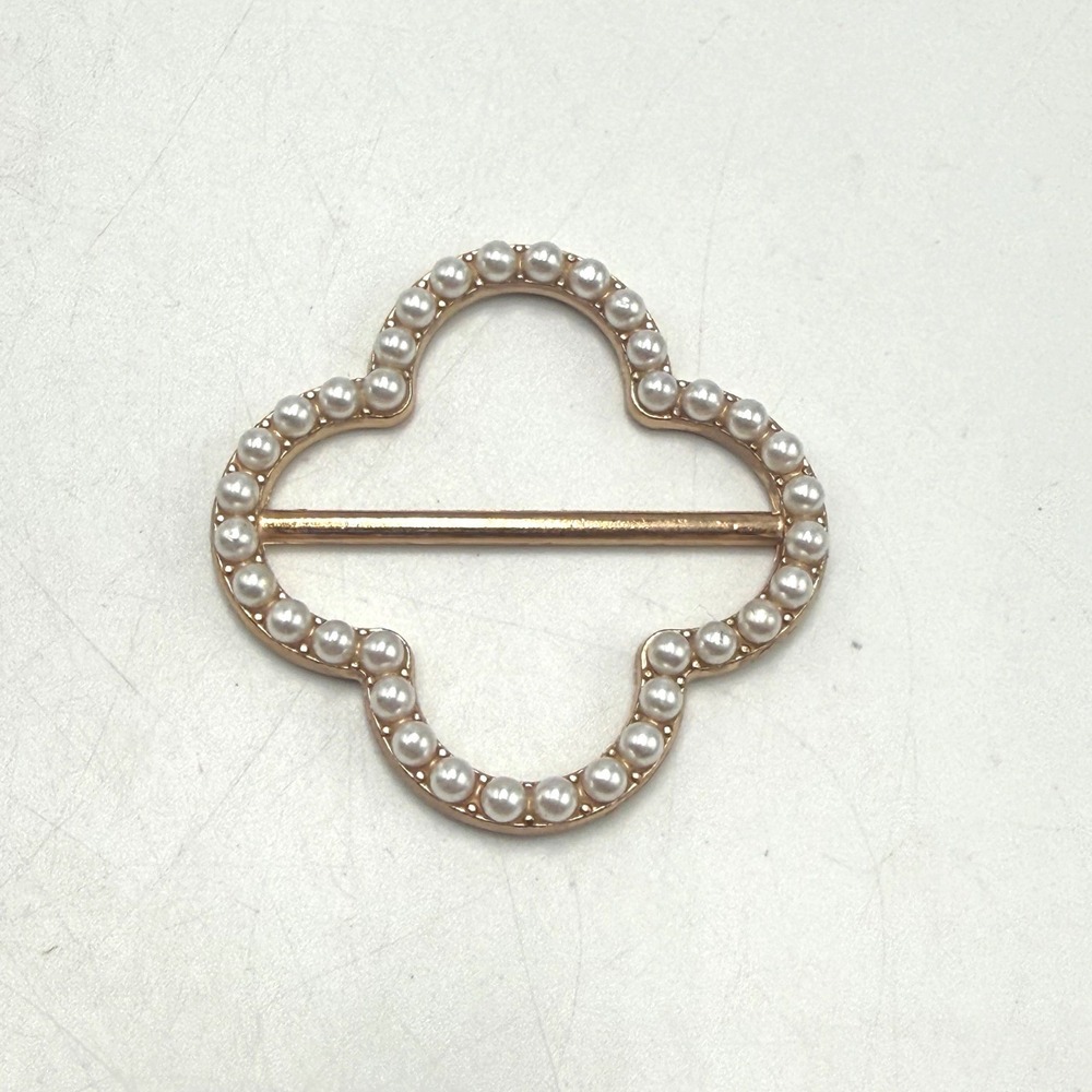 Rose Gold Tone Faux Pearl Quatrefoil Scarf Slide Clover Belt Buckle Accessory